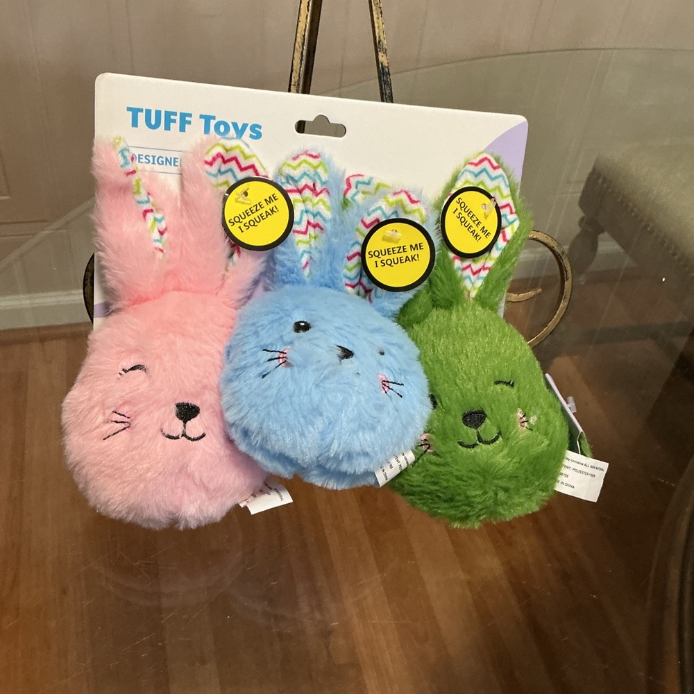 Brand New Jmle tuff Set Of 3 Bunny Fece Squeaker Dog Toy Very Durable 7”